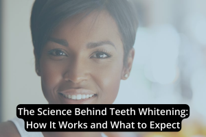 Smiling woman with text overlay about the science behind teeth whitening education.