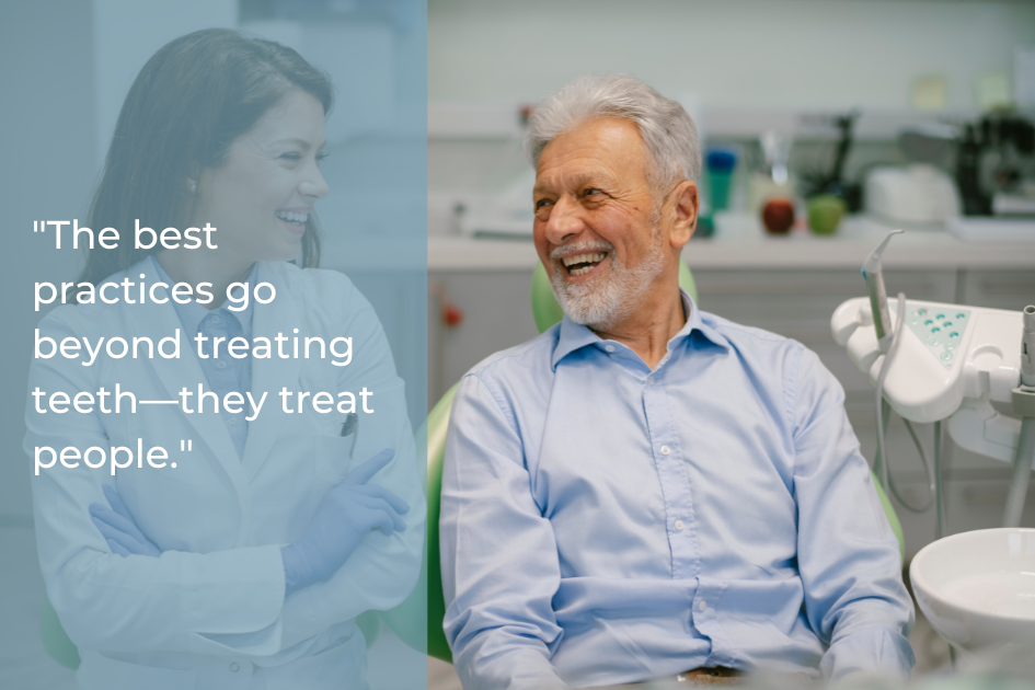 An older man sits in a dental chair smiling, with a woman in a white coat standing nearby; both appear engaged and happy, reflecting the positive experience when choosing a dentist in Round Rock.