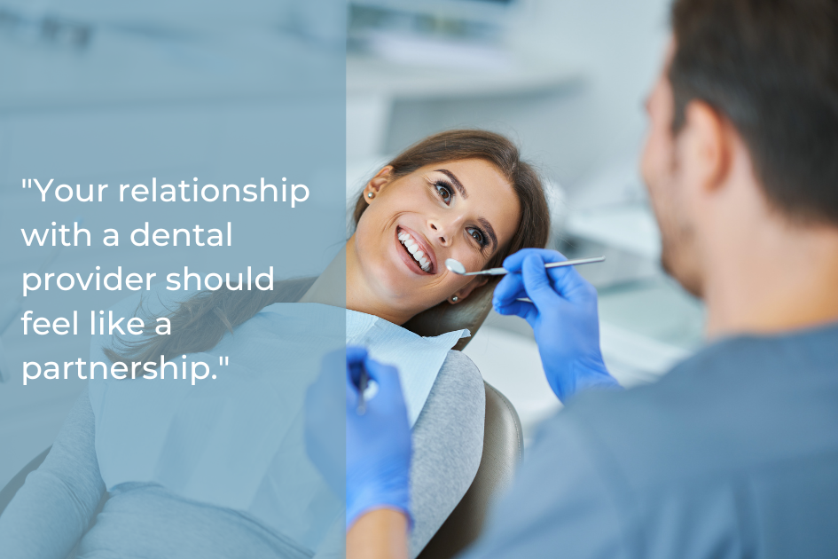 A woman smiles while sitting in a dental chair as a dentist in gloves speaks to her; overlaid text discusses partnership in dental care with the right dentist in Round Rock.