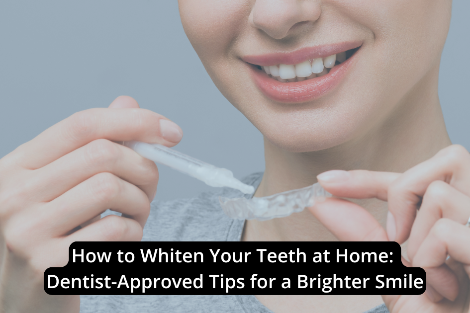 A person holding a clear teeth whitening tray and smiling, with text about dentist-approved tips to whiten your teeth at home.