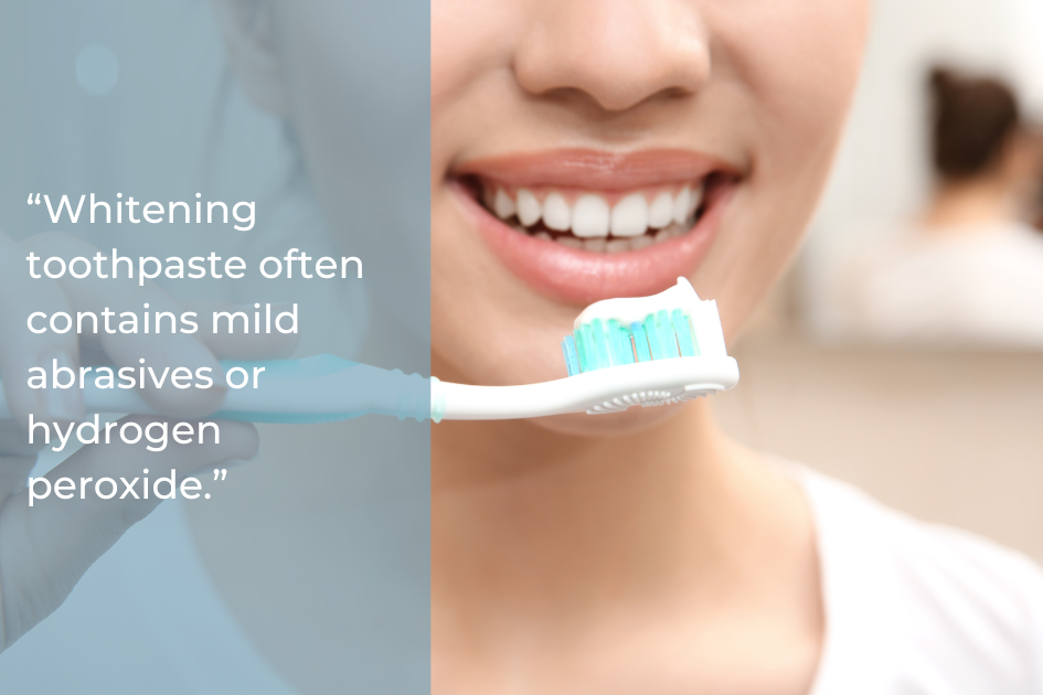 A person smiling while holding a toothbrush, with a quote about dentist approved teeth whitening and whitening toothpaste containing mild abrasives or hydrogen peroxide displayed beside them.