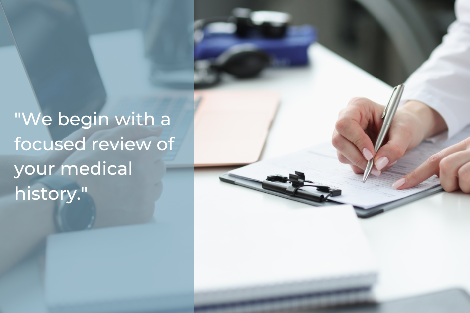 A person in a white coat writes on a clipboard at a desk; a quote about the step-by-step process of reviewing medical history during a Dental exam at Prairie Star Dental appears on the left side of the image.
