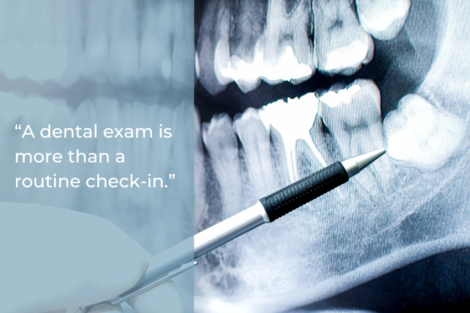 A pen points to a dental X-ray, highlighting teeth, with the text: "A dental exam at Prairie Star Dental is more than a routine check-in.