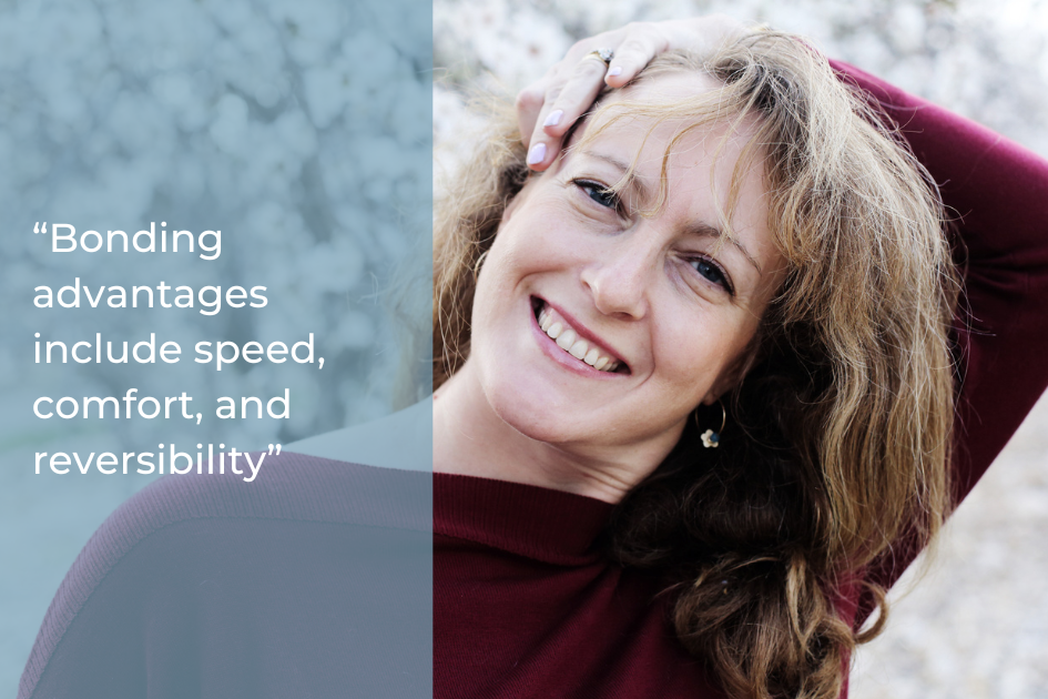 Smiling woman with light brown hair touches her head, standing outdoors; text overlay reads, “Cosmetic bonding advantages include speed, comfort, and reversibility.”.