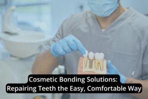 A dentist in scrubs and gloves points to a dental model showing three teeth, one with an implant, in a clinical setting. Text overlay highlights cosmetic bonding solutions for effective teeth repair.
