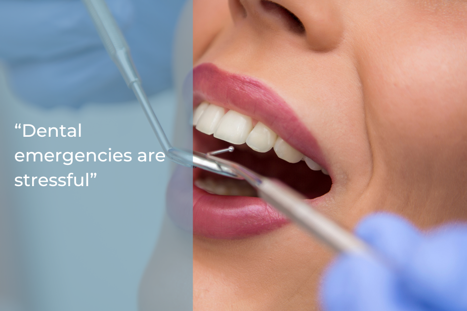Close-up of a patient’s open mouth during a dental exam, with dental tools and gloved hands visible, and text reading "Accidents happen—get fast help with emergency dental care.