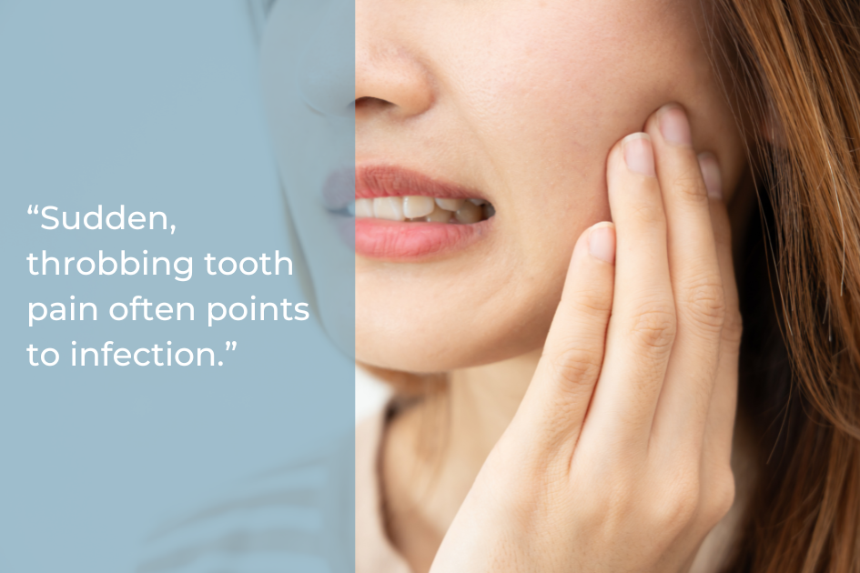 A woman holds her cheek in pain, baring her teeth, illustrating toothache; text on the image discusses sudden, throbbing tooth pain as a sign of infection requiring emergency dental care.