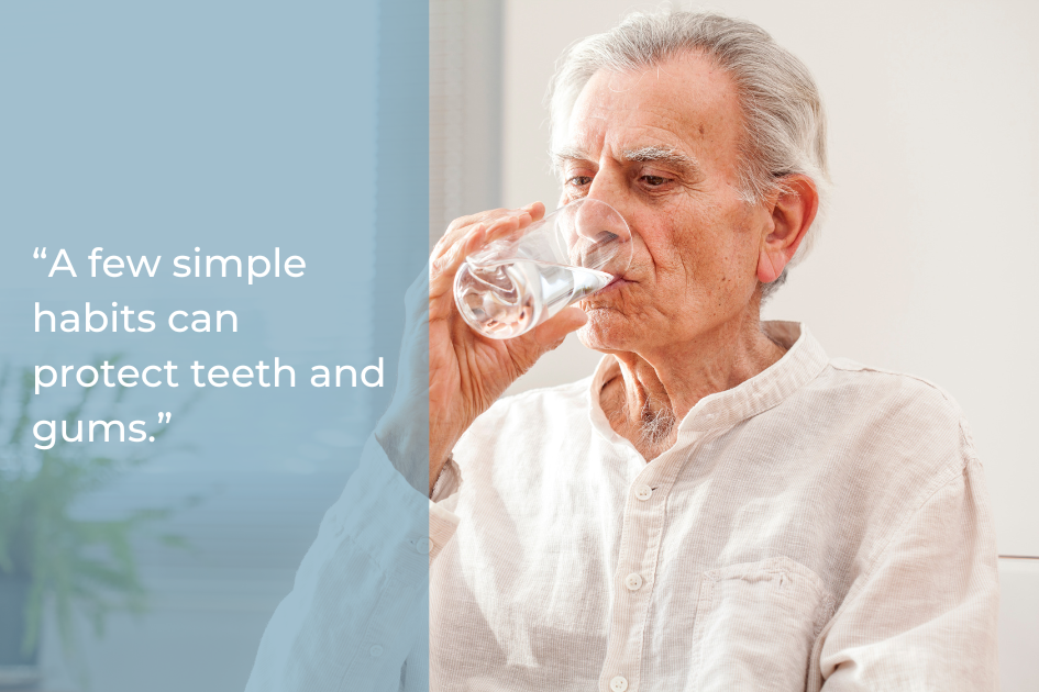An elderly man in a white shirt drinks a glass of water; text on the side reads, “A few simple habits and winter dental care tips can protect teeth and gums.”.