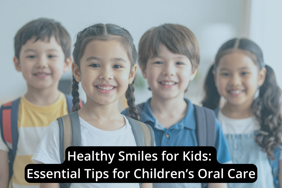 Four smiling children with backpacks stand in a row, promoting kids dental tips with a text overlay about healthy smiles for kids.