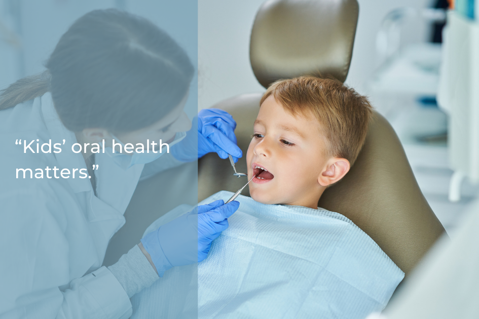 A dentist examines a young boy’s teeth in a dental clinic, with the text “Kids’ oral health matters” on the left, highlighting children’s oral care for healthy smiles.