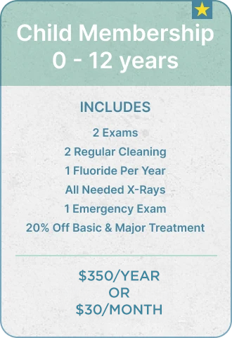 Our In House Dental Membership Plan for children ages 0-12 includes comprehensive dental services for just $350 per year or $30 per month. Enjoy affordable, quality care with our membership plan tailored for young smiles.